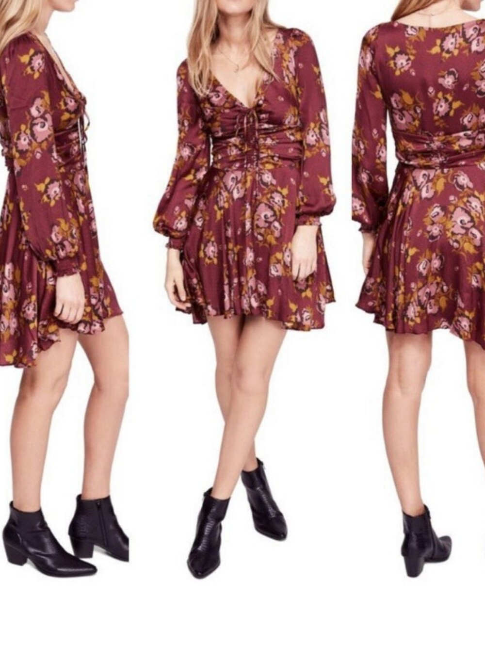 Free People Womens Floral Printed Morning Light‎ Long Sleeve Mini Dress Size 2